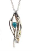 Silver and 14ct gold turquoise and pearl contemporary design pendant necklace