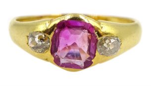 19th century 22ct gold cushion cut pink sapphire and old cut diamond ring