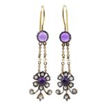 Pair of gold and silver-gilt pendant earrings set with cabochon amethysts