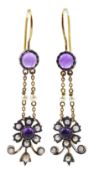 Pair of gold and silver-gilt pendant earrings set with cabochon amethysts