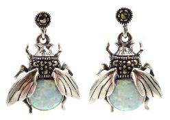 Pair of silver opal and marcasite pendant earrings