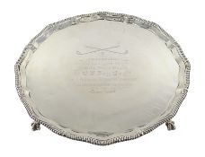 Victorian silver golfing presentation salver on four claw feet by Thomas Bradbury & Sons