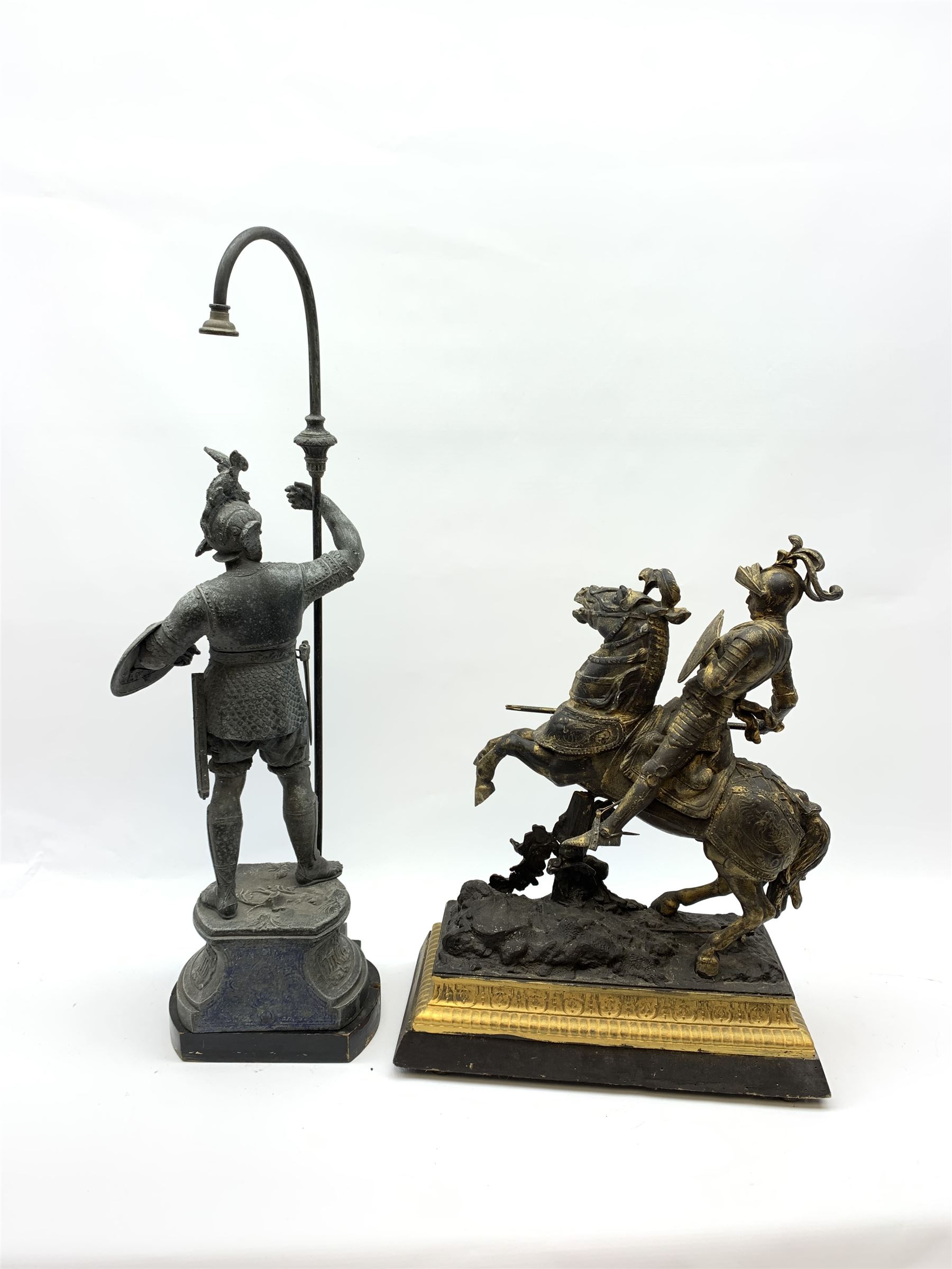 19th/ early 20th Century spelter figure depicting a knight on horseback titled 'Lancaster' H51cm and - Image 2 of 3