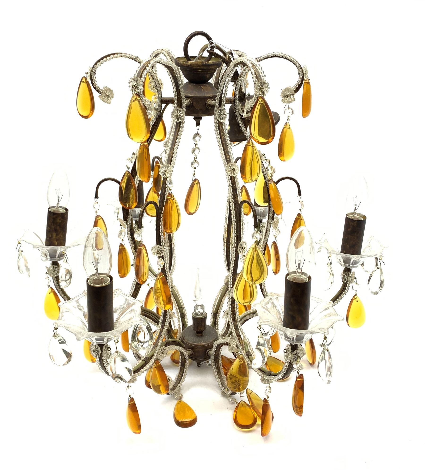 A Murano style chandelier, with six curved branches with frilled clear glass drip pans hung with cle