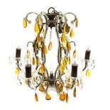 A Murano style chandelier, with six curved branches with frilled clear glass drip pans hung with cle