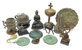Oriental metal ware including two shield shaped covers