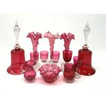 Three Victorian cranberry glass trumpet vases