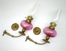 Pair Victorian style wall mounted oil lamps with glass chimneys