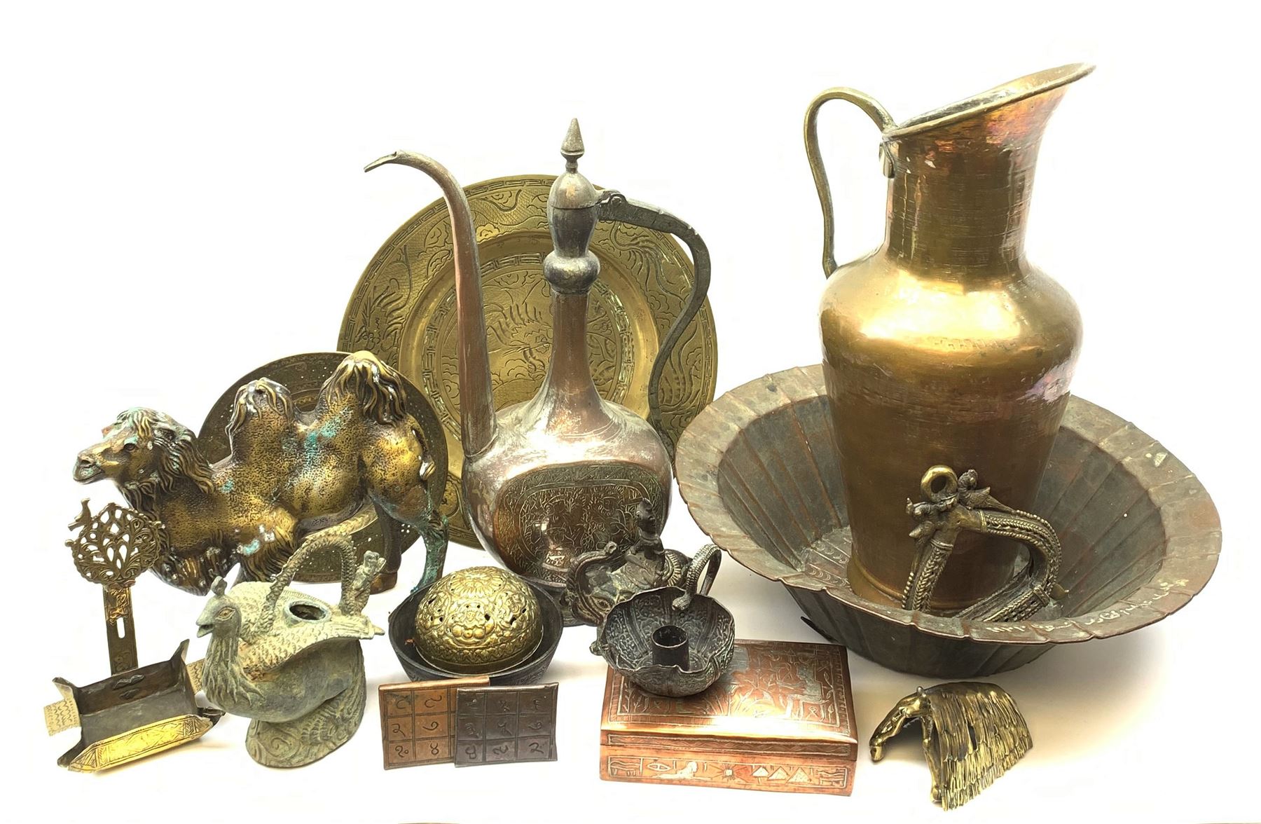 Collection of Eastern metal ware including a brass model of a Camel