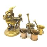 20th century brass sculpture group of three winged Cherubs with a Goose
