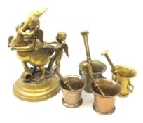 20th century brass sculpture group of three winged Cherubs with a Goose