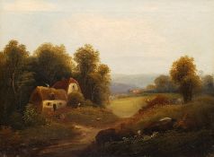 English School (19th century): Landscape with Cottages