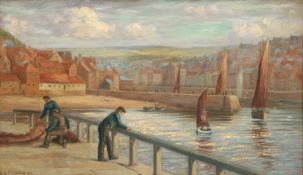 Charles E Flowerdew (British exh.1885): Whitby Fishermen on the East Pier