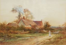 Alexander Molyneux Stannard (British 1878-1975): Herding Sheep by a Thatched Cottage