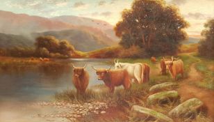 English School (19th/20th century): Highland Cattle in a Landscape