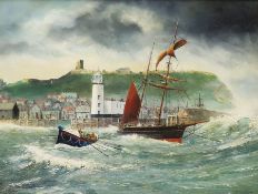 Robert Sheader (British 20th century): Leaving Scarborough Harbour under Stormy Skies