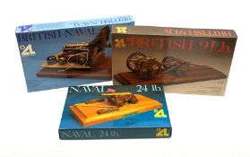 Three Artesania Latina wood and brass model kits of cannons including British 9lb