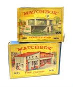 Two Matchbox roadside buildings - 'Sales and Service Station' No.MG-1 and 'Fire Station' No.MF-1