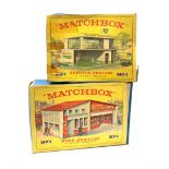 Two Matchbox roadside buildings - 'Sales and Service Station' No.MG-1 and 'Fire Station' No.MF-1