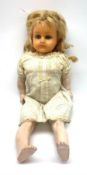 Early 20th century Cuno and Otto Dressel wax shoulder head doll with applied hair and fixed glass ey