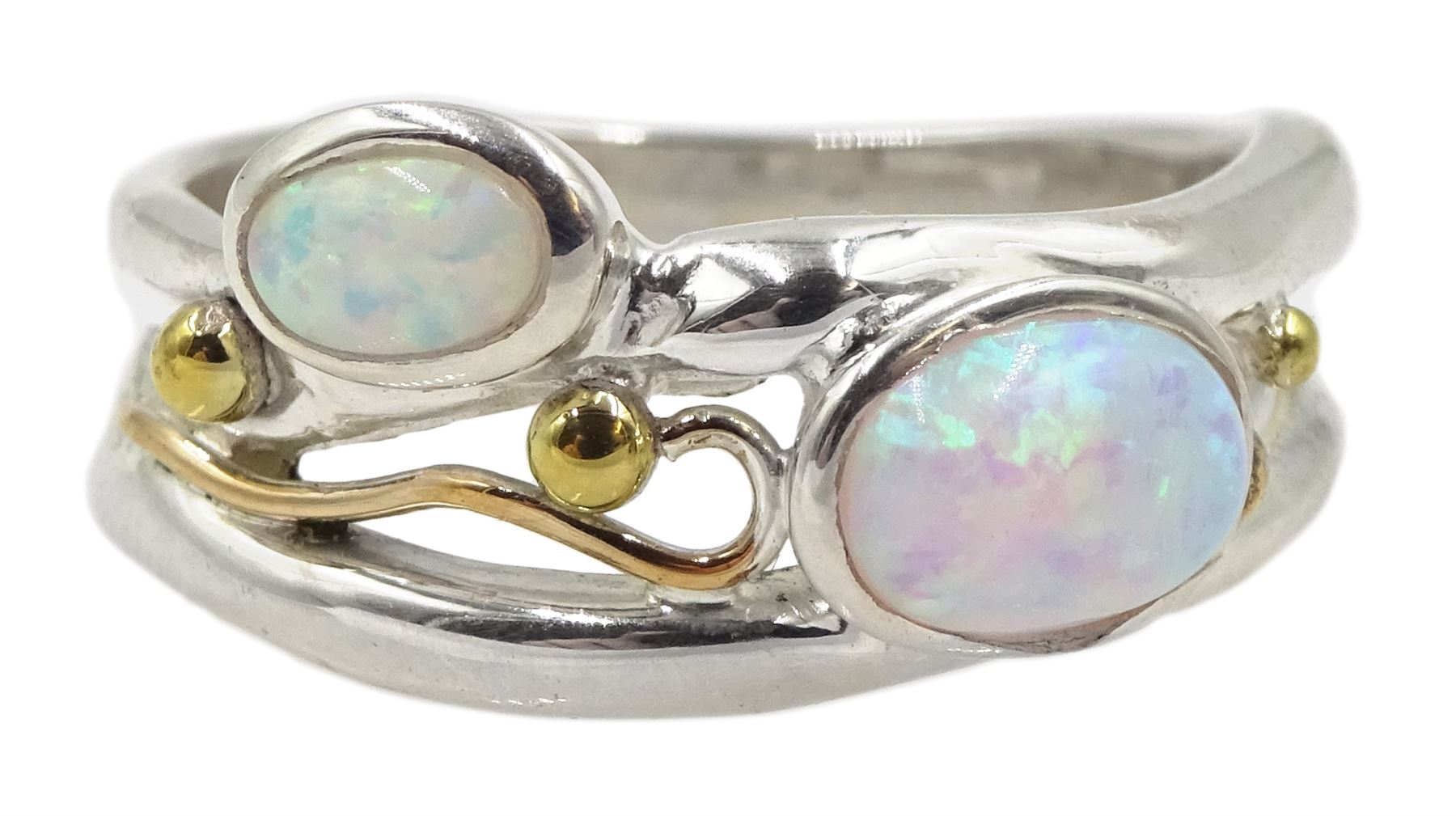 Silver and 14ct gold wire two stone opal ring