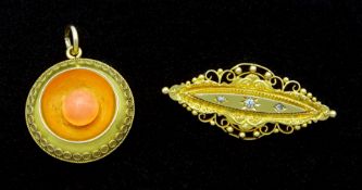 Victorian 18ct Etruscan revival circular coral pendant and a three stone diamond brooch stamped 15ct