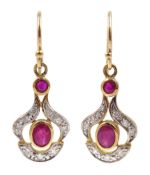 Pair of 9ct gold ruby and diamond pendant earrings