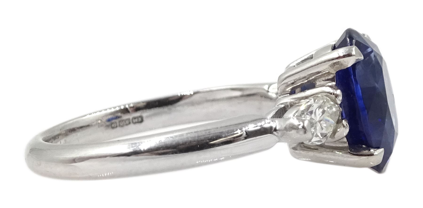 Platinum oval Ceylon sapphire and marquise shape diamond three stone ring - Image 4 of 5