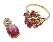 Gold ruby and diamond pendant and a gold pink stone set ring