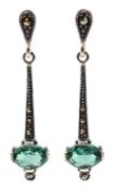 Pair of silver green tourmaline and marcasite pendant earrings