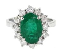 18ct white gold oval emerald and diamond cluster ring