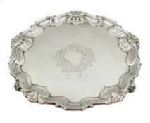 Victorian silver waiter with shell and scroll pie crust border by Hawksworth