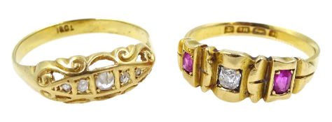 Victorian 18ct gold three stone diamond and ruby ring