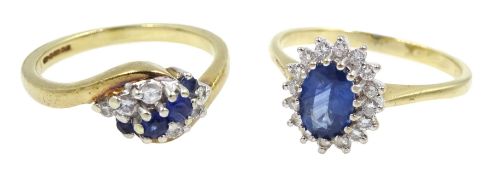 Gold sapphire and diamond cluster ring and a sapphire and diamond three row ring