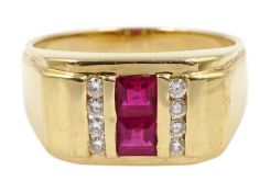 Gold square ruby and round brilliant cut diamond ring