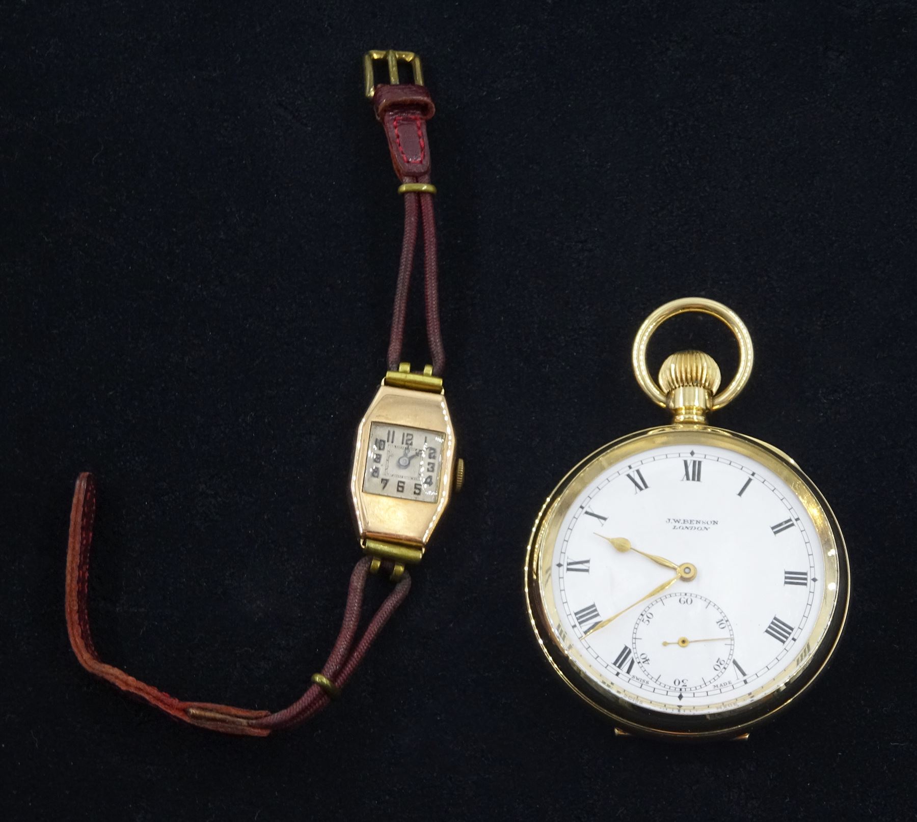 Early 20th century open face gold-plated keyless lever pocket watch by J.W.Benson