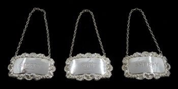 Three silver 'Sherry' and 'Port' decanter labels by John Rose