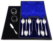 Set of six Edwardian silver teaspoons and tongs by Fenton Brothers Ltd