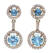 Pair of gold Swiss blue topaz and stone set cluster pendant earrings