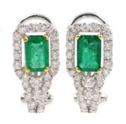 Pair of 18ct white gold emerald and round brilliant cut diamond stud clip earrings