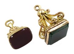 9ct gold bloodstone fob and one other 9ct gold agate fob