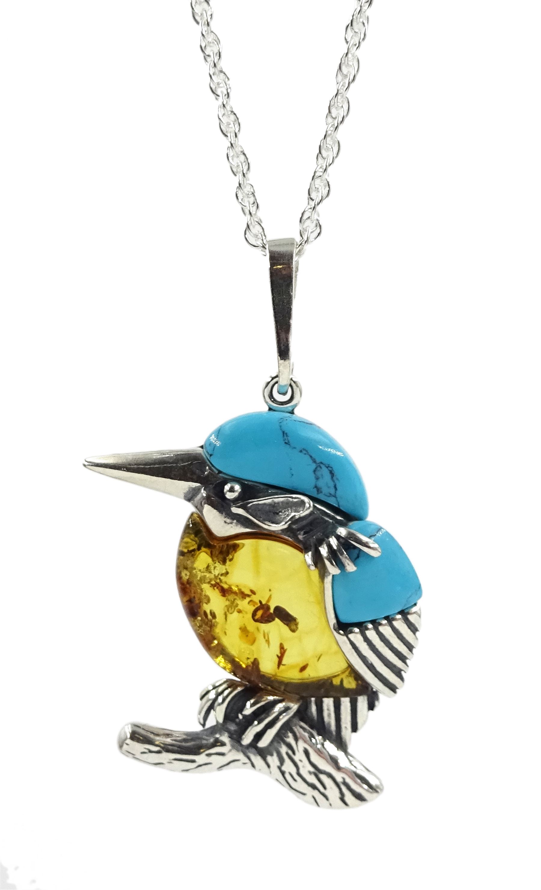 Silver Baltic amber and turquoise kingfisher pendant necklace