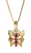 9ct gold three stone ruby butterfly pendant necklace