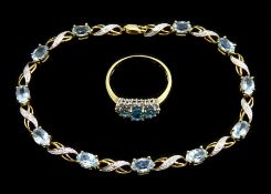 9ct gold blue topaz link bracelet and a 9ct gold Swiss blue topaz and diamond ring