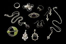 Collection of silver jewellery including Irish Celtic design
