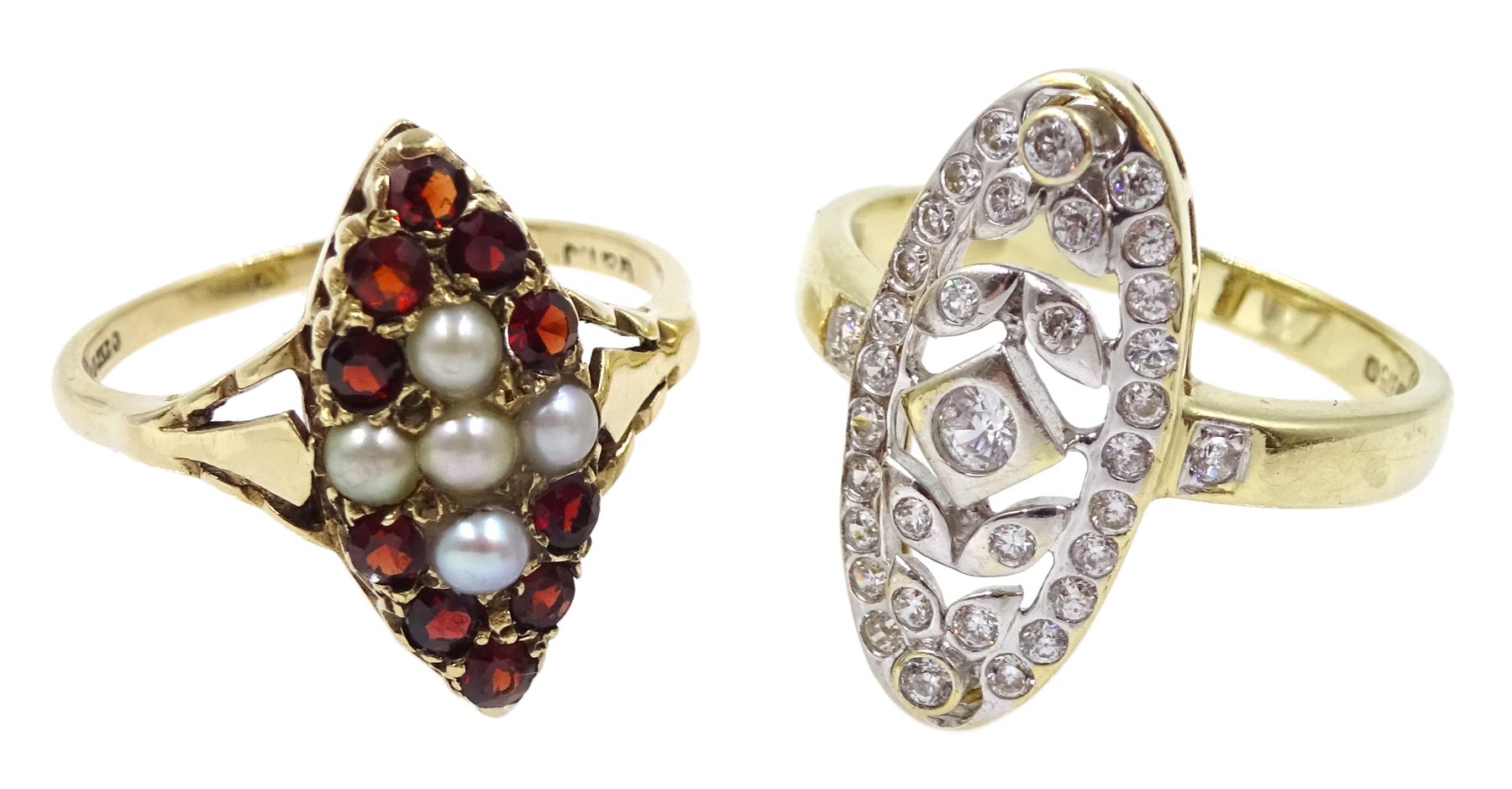 Gold cubic zirconia marquise shape dress ring and a gold garnet and split seed pearl ring