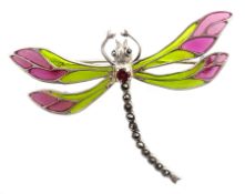 Silver plique-a-jour and marcasite dragonfly brooch