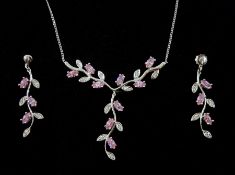9ct white gold pink stone and cubic zirconia set pendant necklace and pair of matching earrings