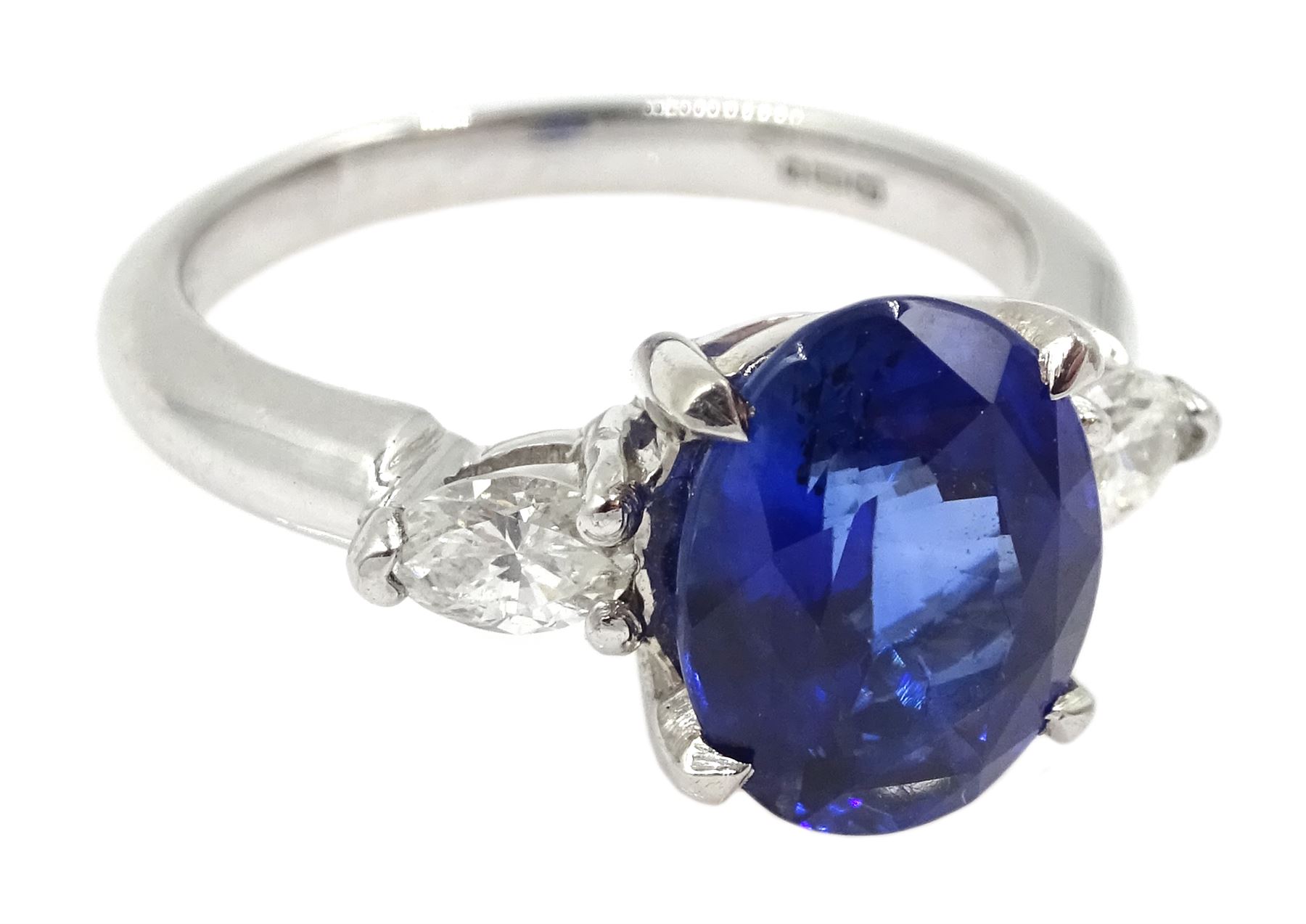 Platinum oval Ceylon sapphire and marquise shape diamond three stone ring - Image 3 of 5