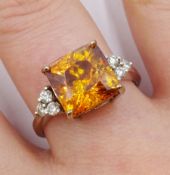 18ct white gold square cut synthetic orange sapphire and diamond ring